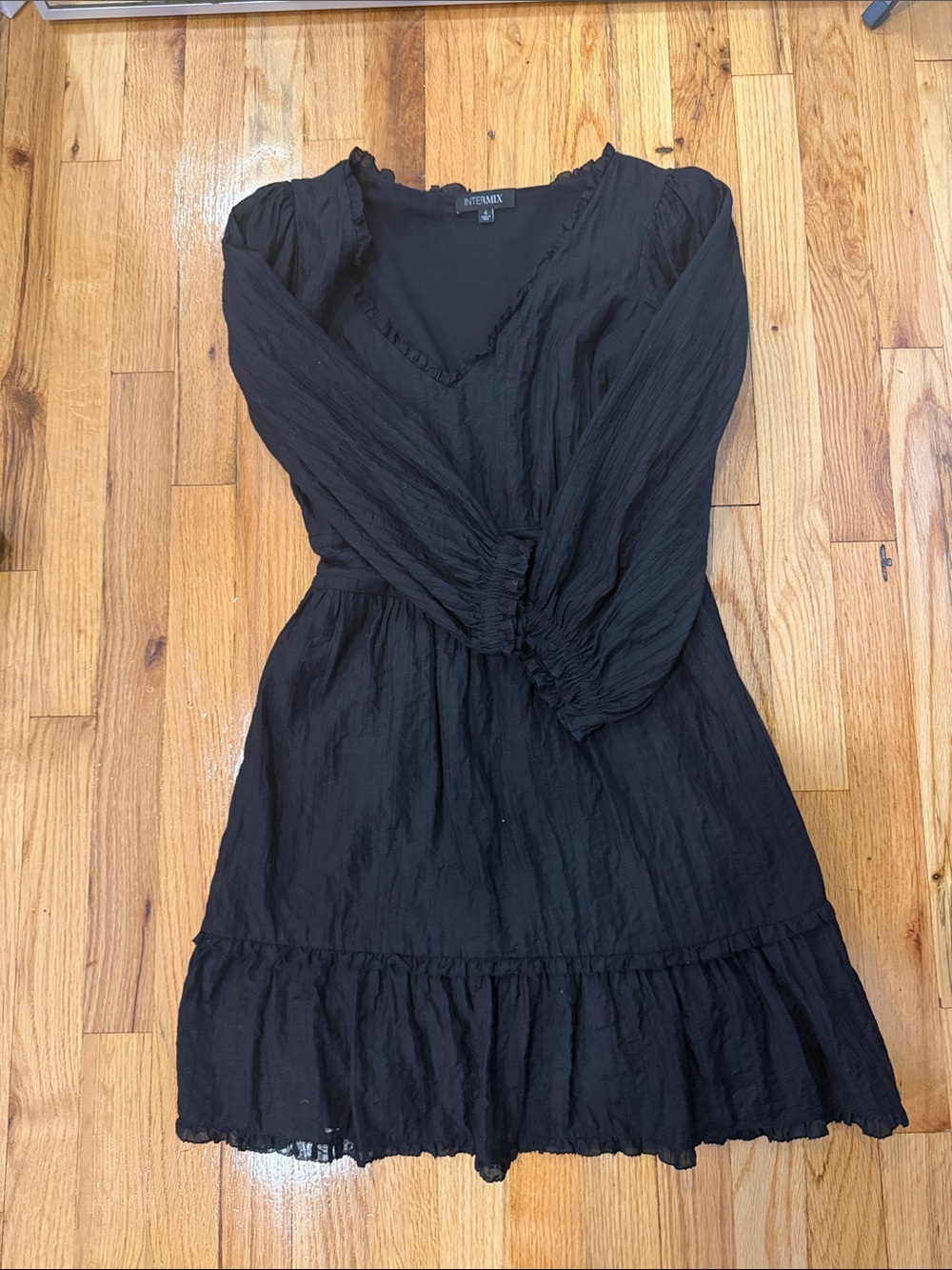 INTERMIX Black Long Sleeve Tiered V-Neck Dress